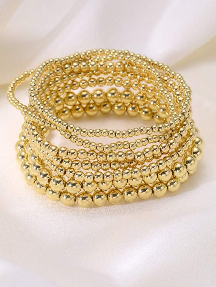 7pcs Fashionable, Simple And Elegant, Vintage, Exquisite Beaded, Fat Round Beaded, Stackable Brac... | SHEIN