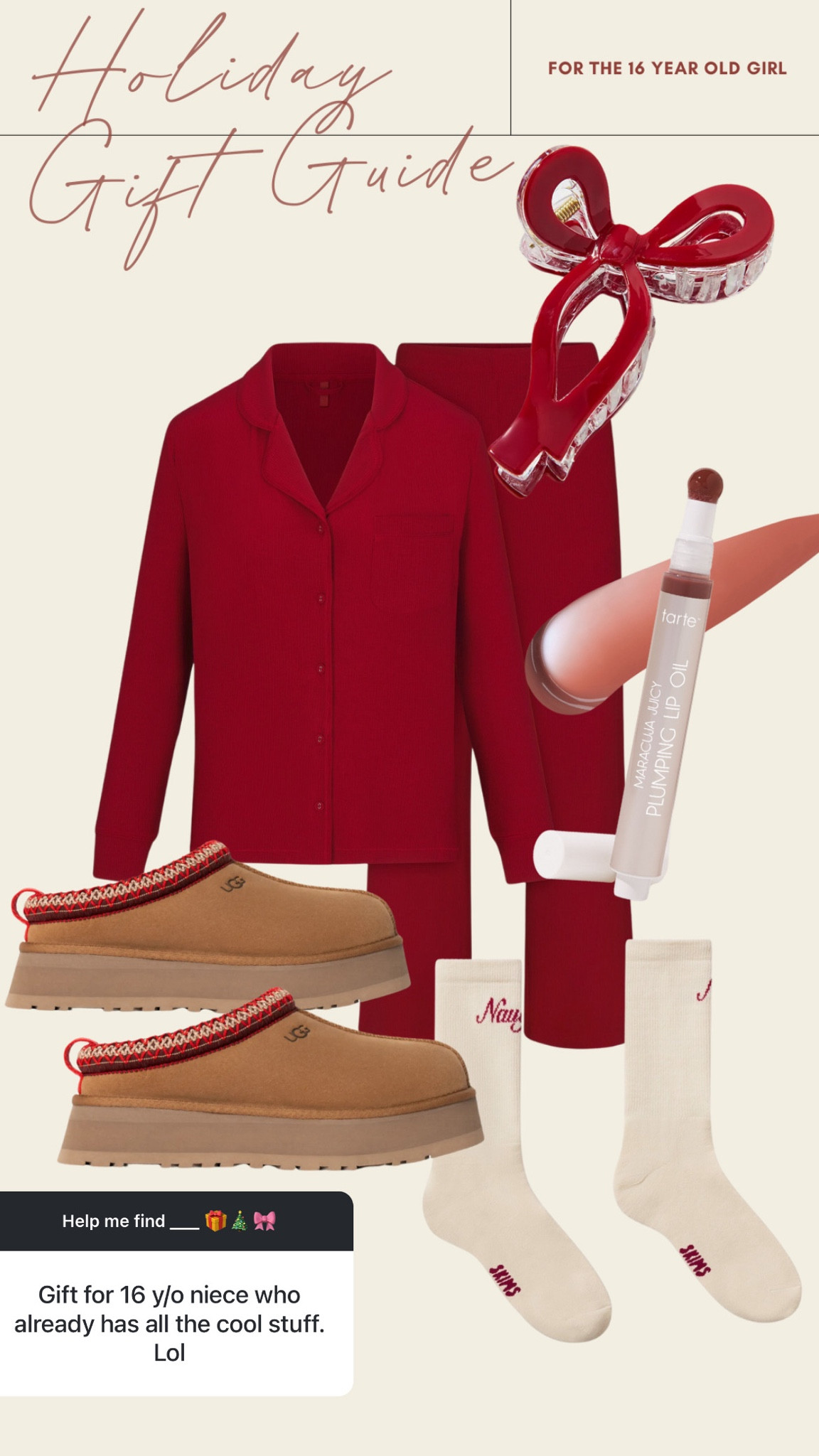 Gift ideas for the 16 year old girl who has all the cool stuff!! The SKIMS pajamas are amazing, the younger generations LOVE crew socks, most probably already have the UGH Tazz slippers but the crew socks pair so cute with them! Tarte products are always a hit - up to 80% off for Cyber Monday with code CYBER at checkout! And you could add a cute hair clip to tie it all in together as a cozy gift 🎁 

#LTKCyberWeek #LTKGiftGuide #LTKHoliday