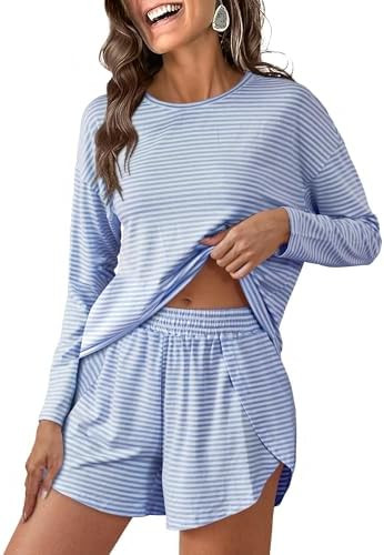 ANRABESS Womens Long Sleeve Pajama Sets 2025 Fall 2 Piece Outfits Lounge Matching Short Set Strip... | Amazon (US)