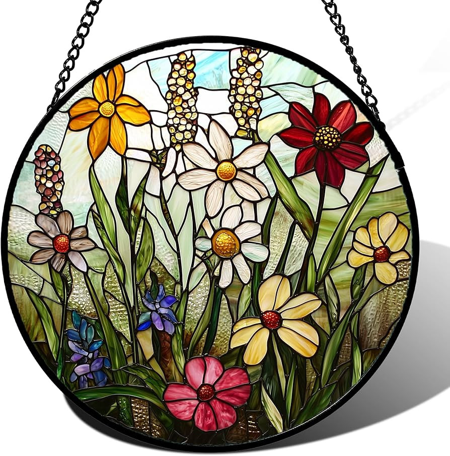 Stained Glass Window Hanging, Colorful Wildflowers Plant Scenery Suncatcher for Doors Window Home... | Amazon (US)