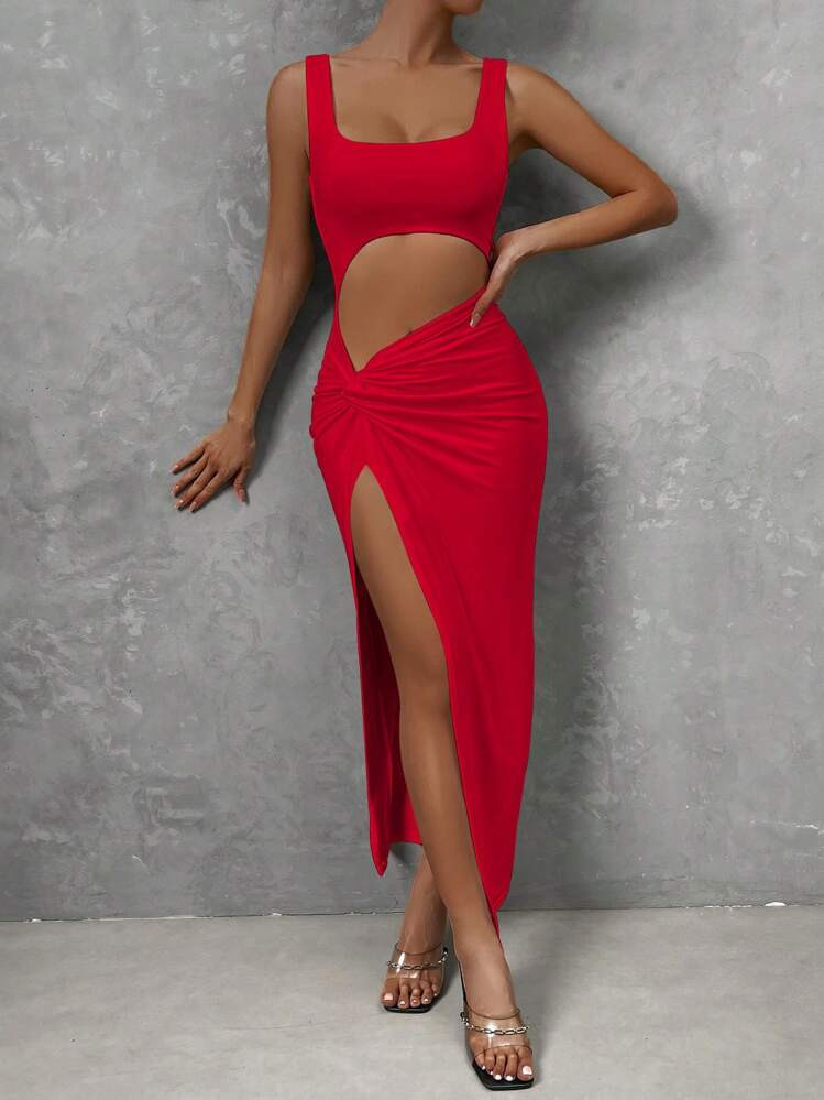 Chiquease Cut Out Twist Front Split Thigh Dress For New Year Clothes Maxi Women Outfit Halloween | SHEIN