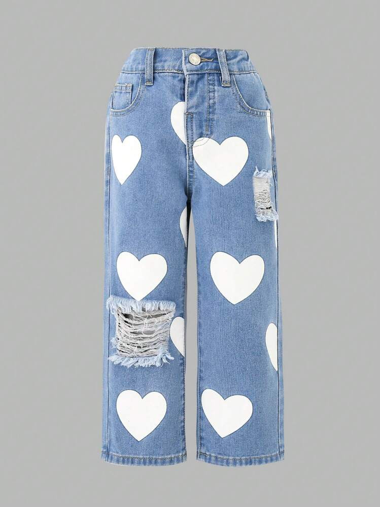 SHEIN Young Girl' Heart-Shaped Print Ripped Cute Country Style Denim Long Pants | SHEIN