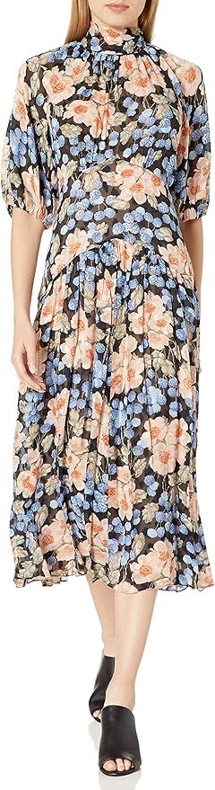 Rebecca Taylor Women's Long Sleeve Floral Midi Dress with Tie at Neckline | Amazon (US)