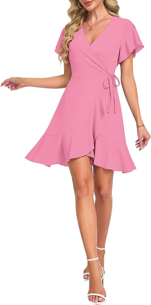 Wedding Guest Dress Flutter Casual V Neck Elegant Flowy Ruffle Sexy Short Dress Skin-Friendly Bre... | Amazon (US)