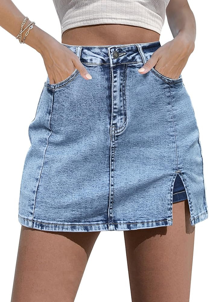 luvamia Skorts Skirts for Women Denim Mini Skirt Side Slit with High Waisted Jean Shorts Stretchy | Amazon (US)