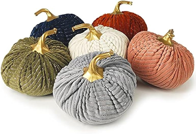 Ogrmar 6 Pack Velvet Artificial Pumpkins Set Silver Velvet Fabric Decoration Pumpkins Lifelike Ha... | Amazon (US)