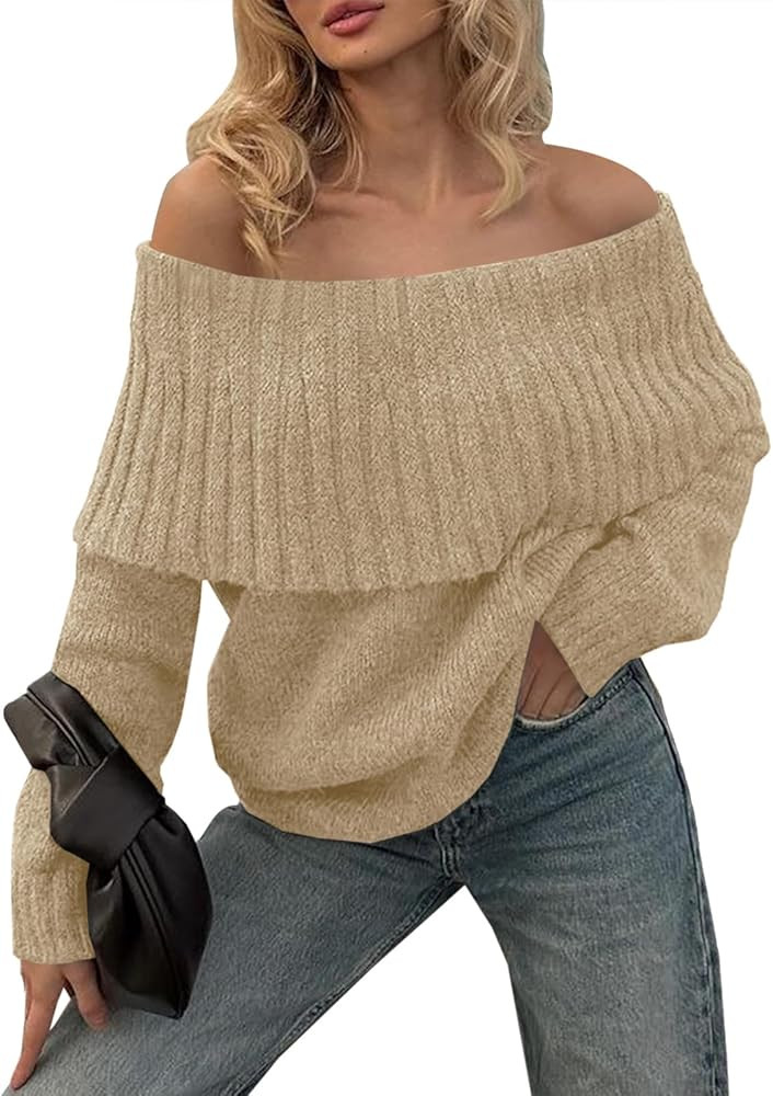 Saodimallsu Womens Off The Shoulder Sweaters Long Sleeve Slouchy Knitted Casual Loose Fall Trendy... | Amazon (US)