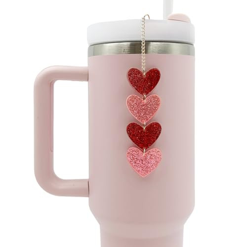 Valentine's Day Tumbler Ornament – Glitter Heart Cup Chain for Stanley 30oz 40oz, Pink Red Straw Decoration, Cute Galentine Accessories for Iced Coffee Cups | Amazon (US)