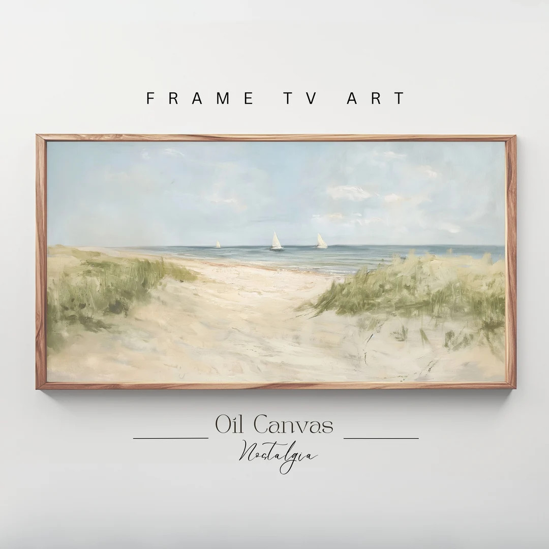 Frame TV Art Vintage Beach Oil Painting - Summer Sea Art - Ocean Frame TV Art - Costal Landscape ... | Etsy (US)