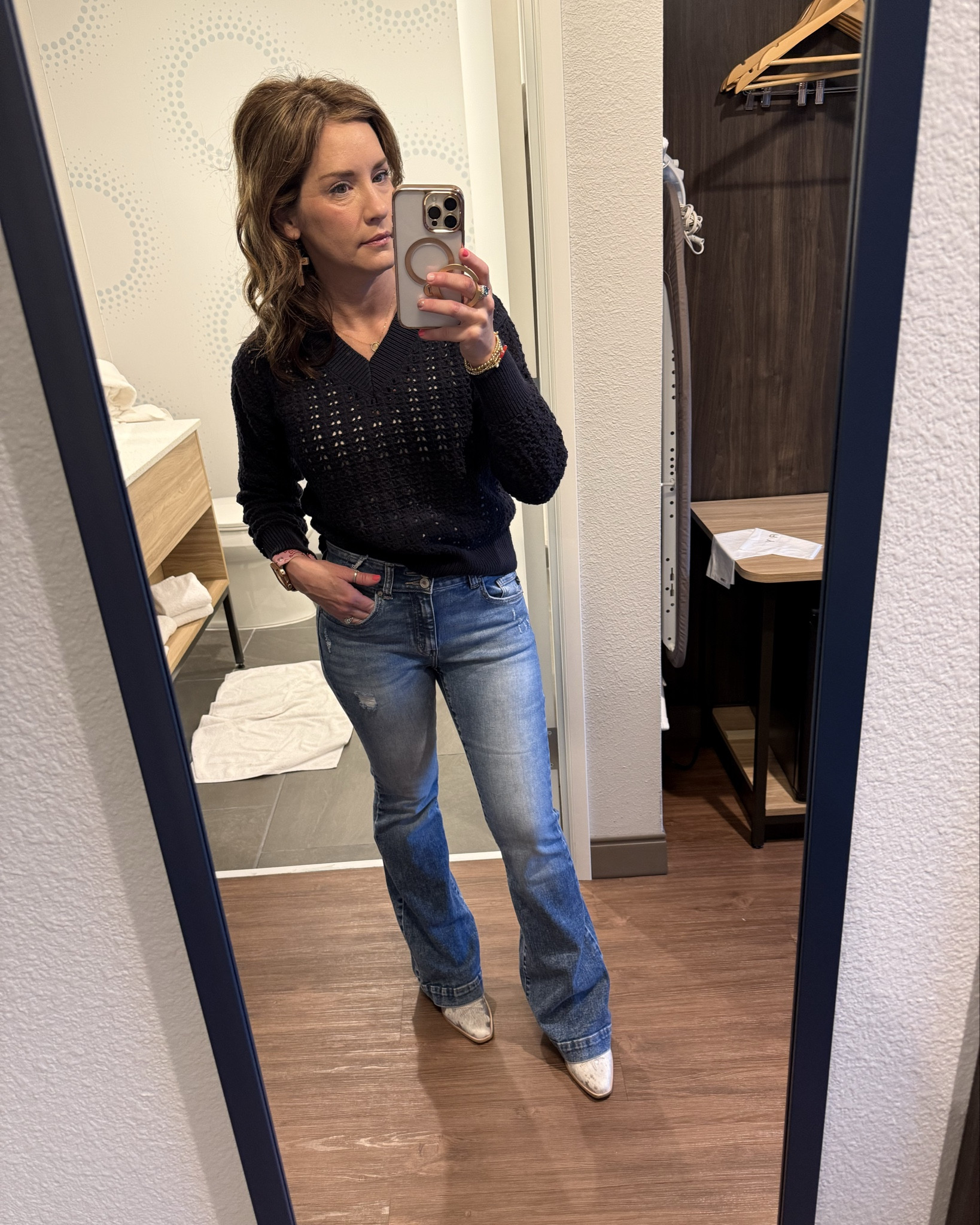 Casual look 
Boot cut jeans are regular in length but come in short and long too. 

Wearing a size 25 regular and small top  

#LTKShoeCrush #LTKFindsUnder50 #LTKPetite