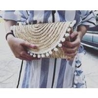 Straw clutch with white pompom trim tassel bag straw clutch trendy clutch | Etsy (US)