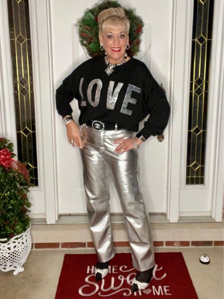 Silver Sequin Love Sweatshirt
Metallic Silver Pants
Embellished Mules