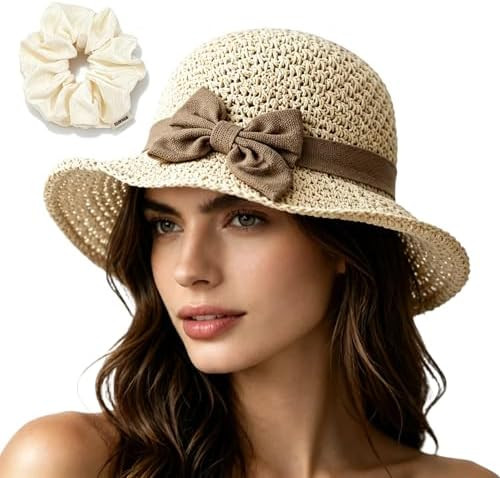 Straw Hat with Retro Bow – Foldable & Breathable for Summer, Women Wide Brim Crochet Straw Hat ... | Amazon (US)