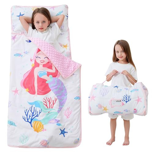 Toddler Nap Mat with Pillow and Blanket, Extra Large Rolled Napping Mats,Slumber Bags for Boys Girls,Kids Sleeping Bag for Daycare, 21" x 50" Preschool Travel Camping - Mermaid | Amazon (US)