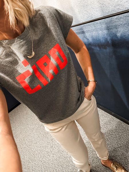 Off white pants- in my smaller jean size 24
Graphic tee- TTS in XS. If you have a long torso, consider sizing up, as it is a tad cropped/ boxy

Gold shoes and accessories 
Or sneakers would be cute too!

#LTKstyletip #LTKover40 #LTKshoecrush
