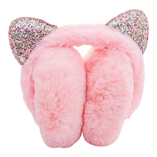 Foldable Cat Ear Earmuffs Sequin Women Girl Fur Plush Ear Warmer Muffs Glitter Headband Cartoon 3... | Walmart (US)