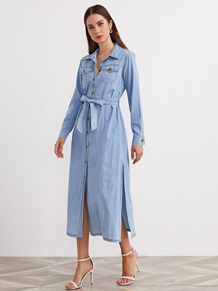Button Front Flap Pocket Split Side Belted Denim Dress | SHEIN