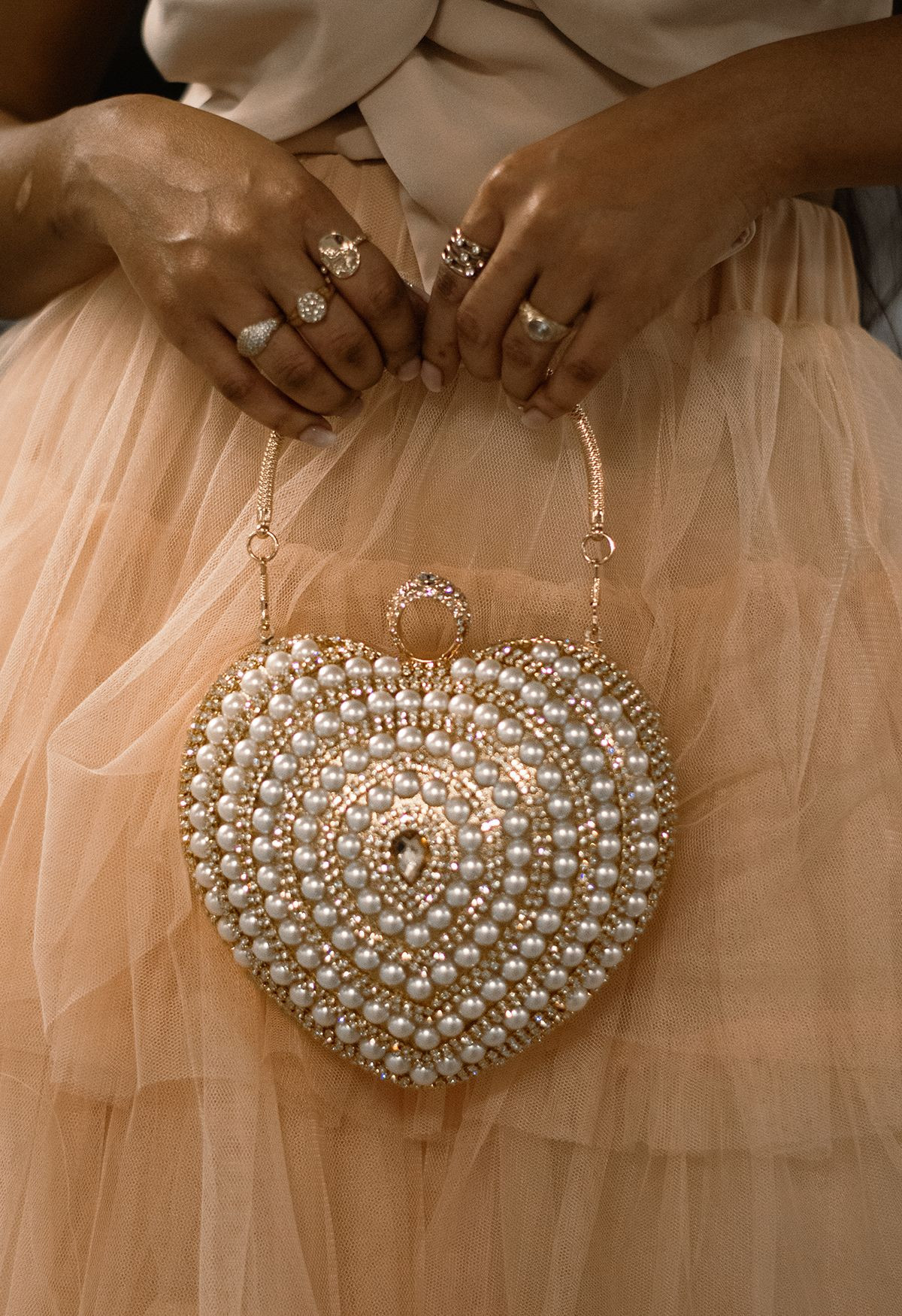 Heart Shape Pearl Decor Clutch in Gold | Chicwish