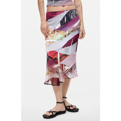 Desigual Patterned Tiered Skirt in Black/pink/burgundy at Nordstrom, Size Large | Nordstrom