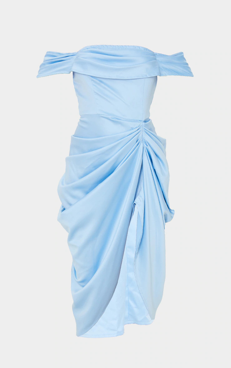 Blue Satin Draped Bardot Midi Dress | PrettyLittleThing US