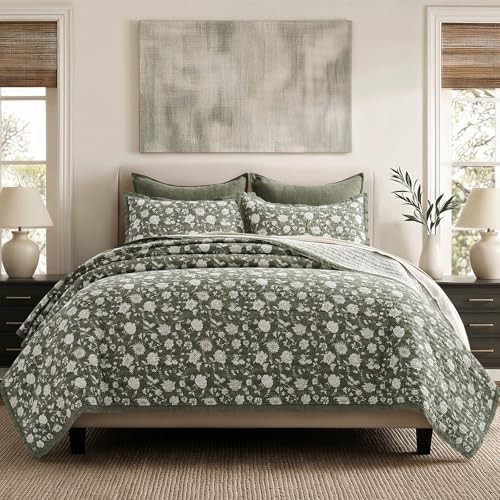 100% Cotton Floral Quilt Set, King Size, Sage Green 108"×96" | Reversible Lightweight Bedspread ... | Amazon (US)