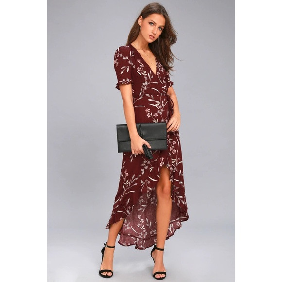 Lulu’s Burgundy Floral Print High-Low Wrap Dress | Poshmark