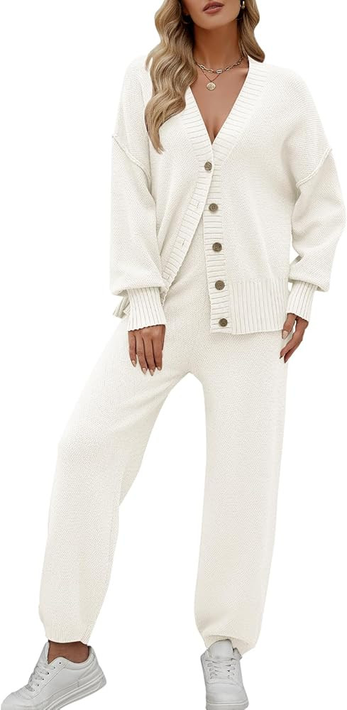 MEROKEETY Women's 2 Piece Outfits Sweater Sets Waffle Knit Cardigan and High Waist Pants Lounge S... | Amazon (US)