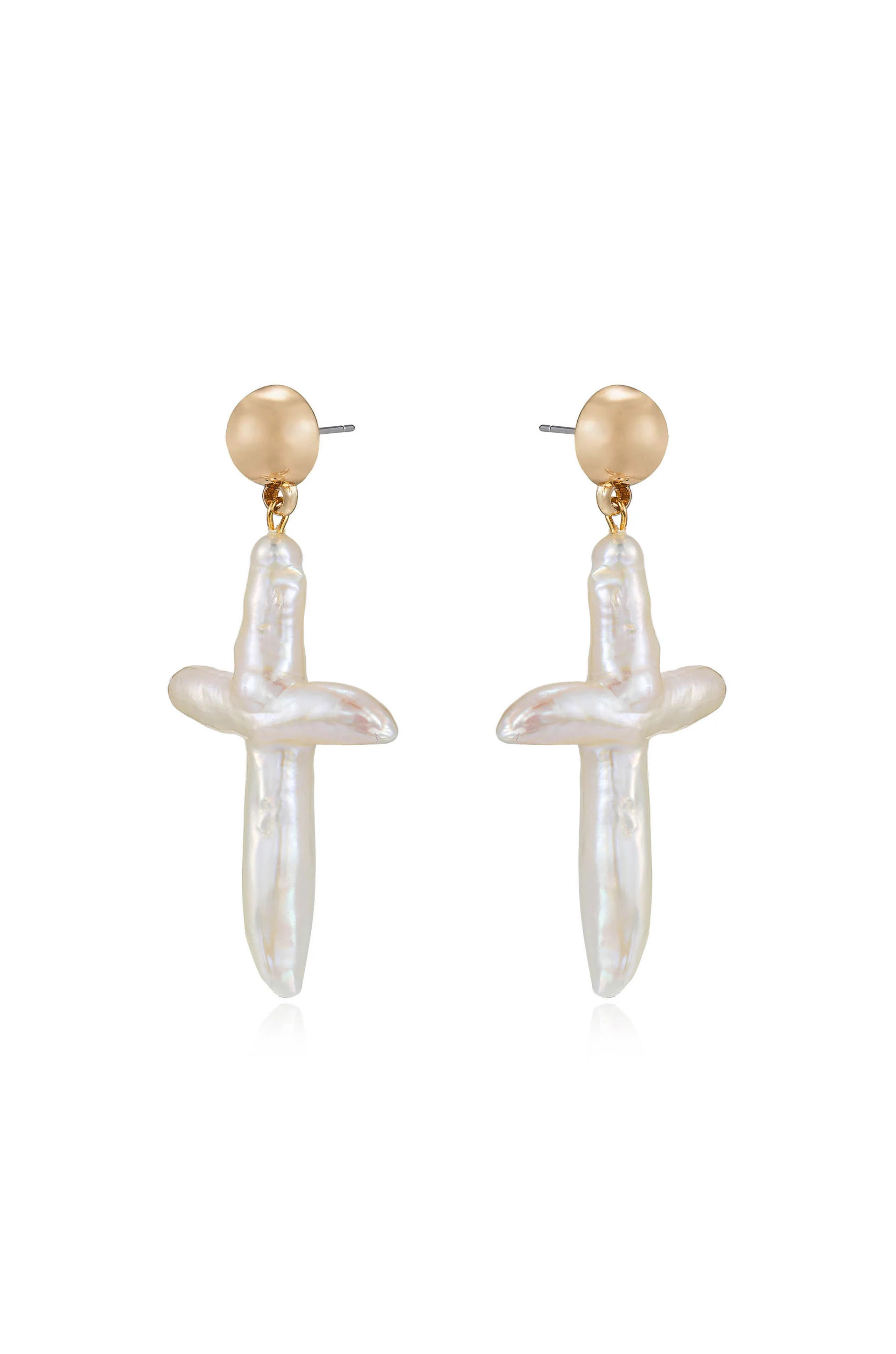 Organic Freshwater Pearl Cross 18k Gold Plated Earrings | Ettika