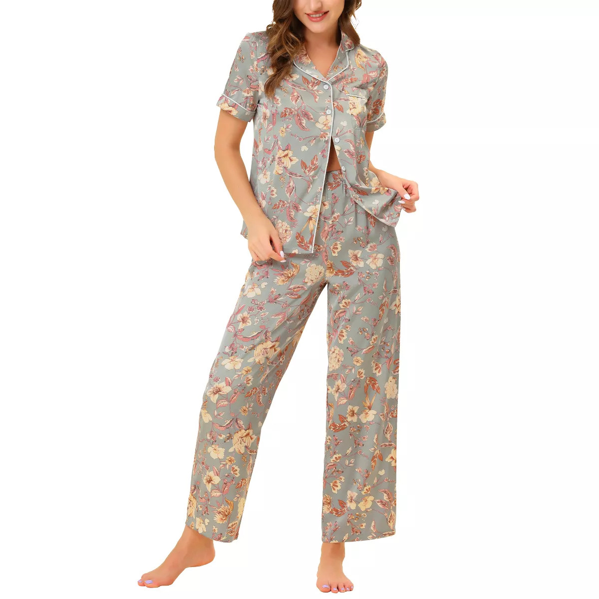 cheibear Women's Silky Short Sleeves Sleepshirt with Pants Sleepwear Pajama Set 2 Pcs | Target