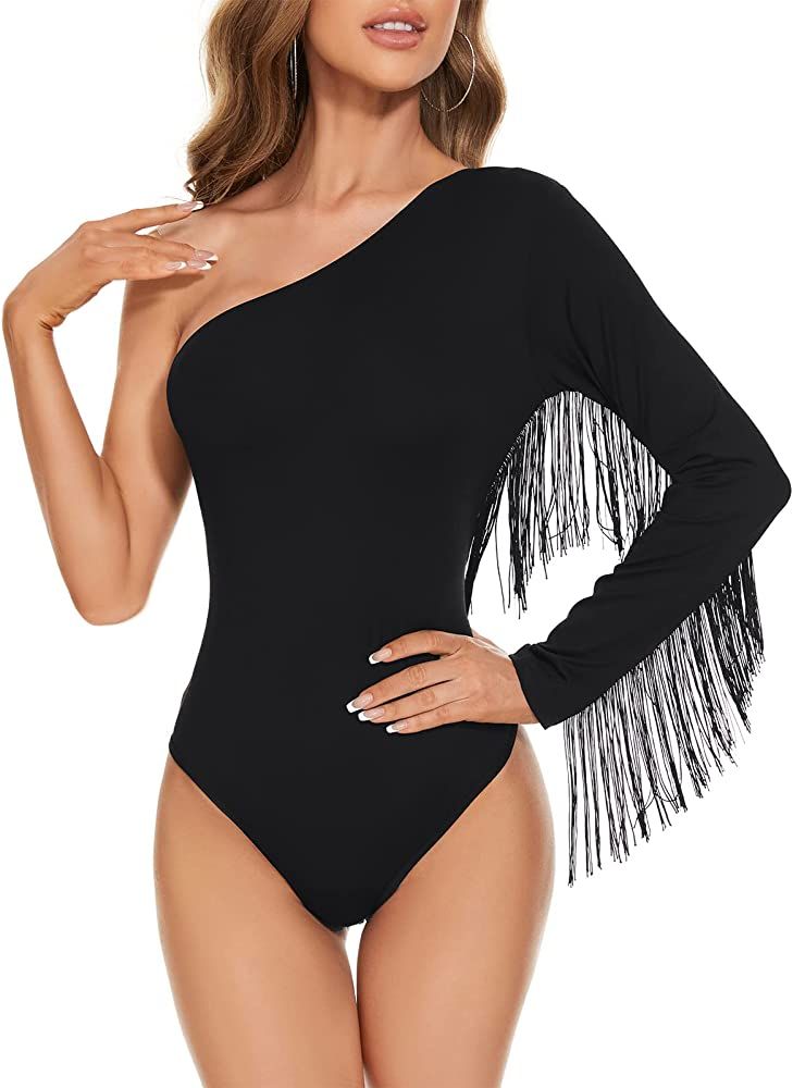 American Trends Women's Fringe Trim One Shoulder Long Sleeve Body Suits Concert Outfits Long Slee... | Amazon (US)