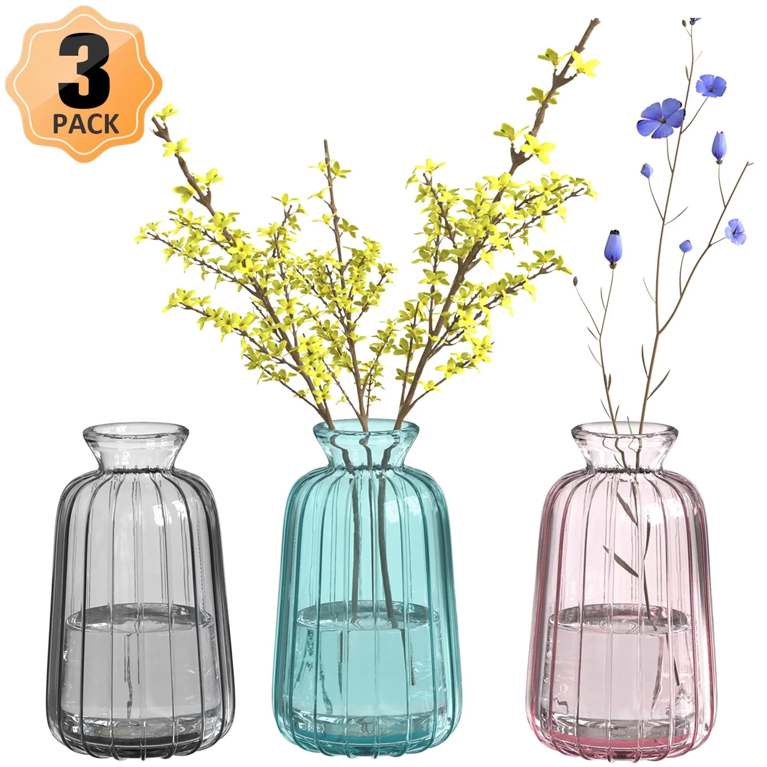 FOUKUS Colorful Glass Bud Vases Set, 3 Pack Small Ribbed Vintage Glass Vases for Table Centerpiec... | Walmart (US)