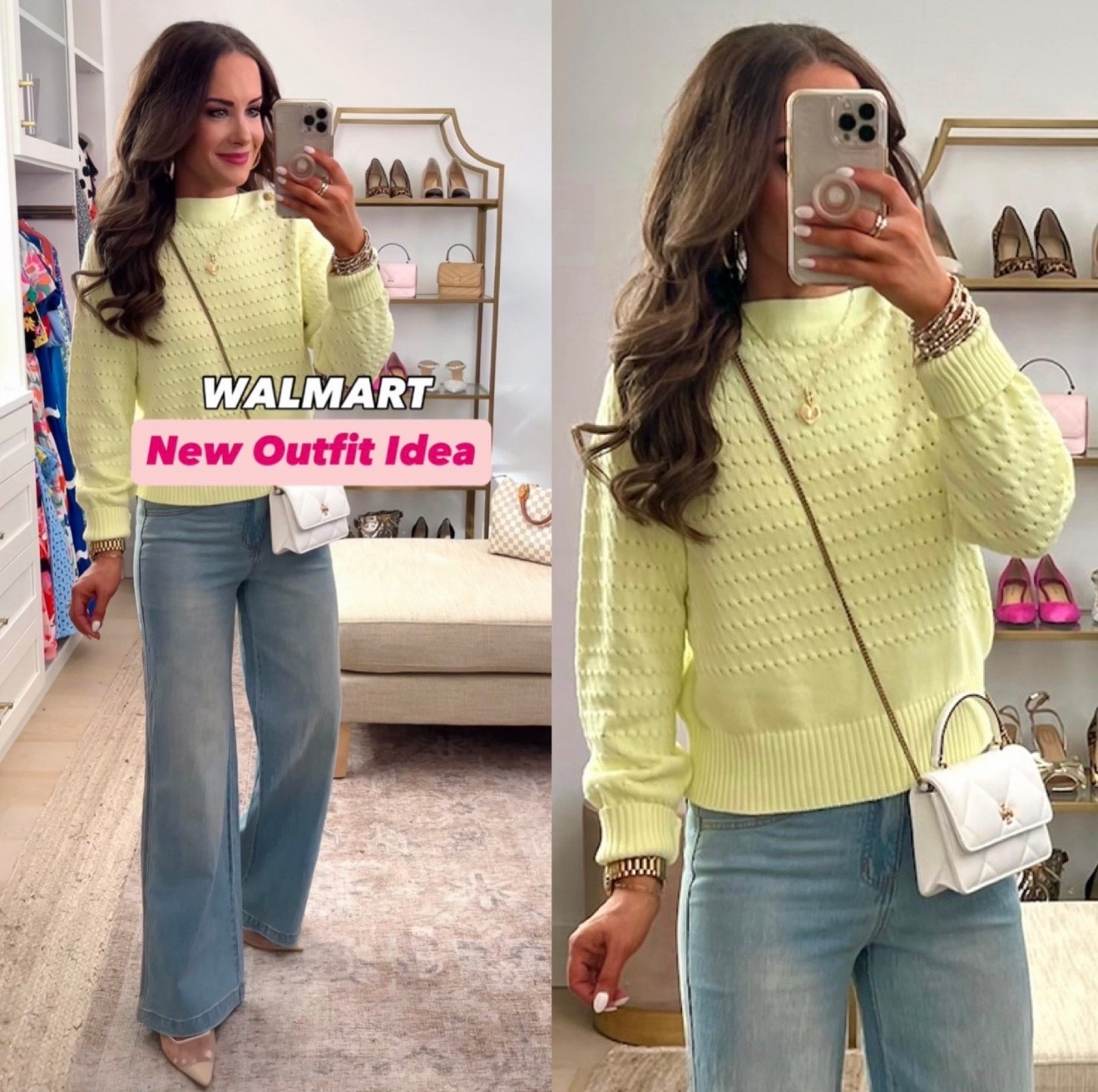 New sweater & jeans! Scroll to shop! Size down if between sizes in jeans. Wearing one size down here so they look less relaxed than on the model. More colors too! Follow for more! 🥰 ~ Lindsay & Whitney 