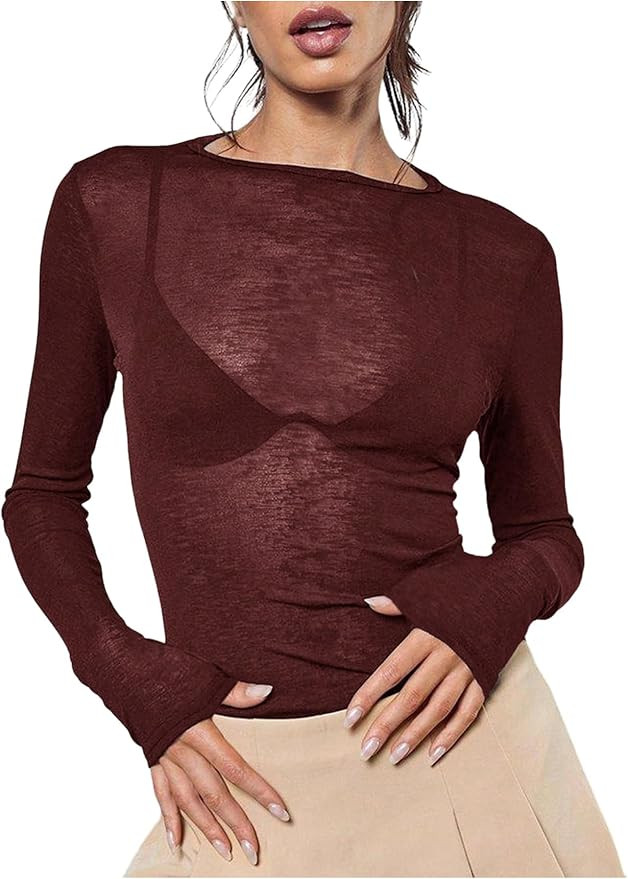 Women's Sheer Mesh Long Sleeve T Shirts Boat Neck Slim Fit Tee Tops Going Out See Through Shirts | Amazon (US)