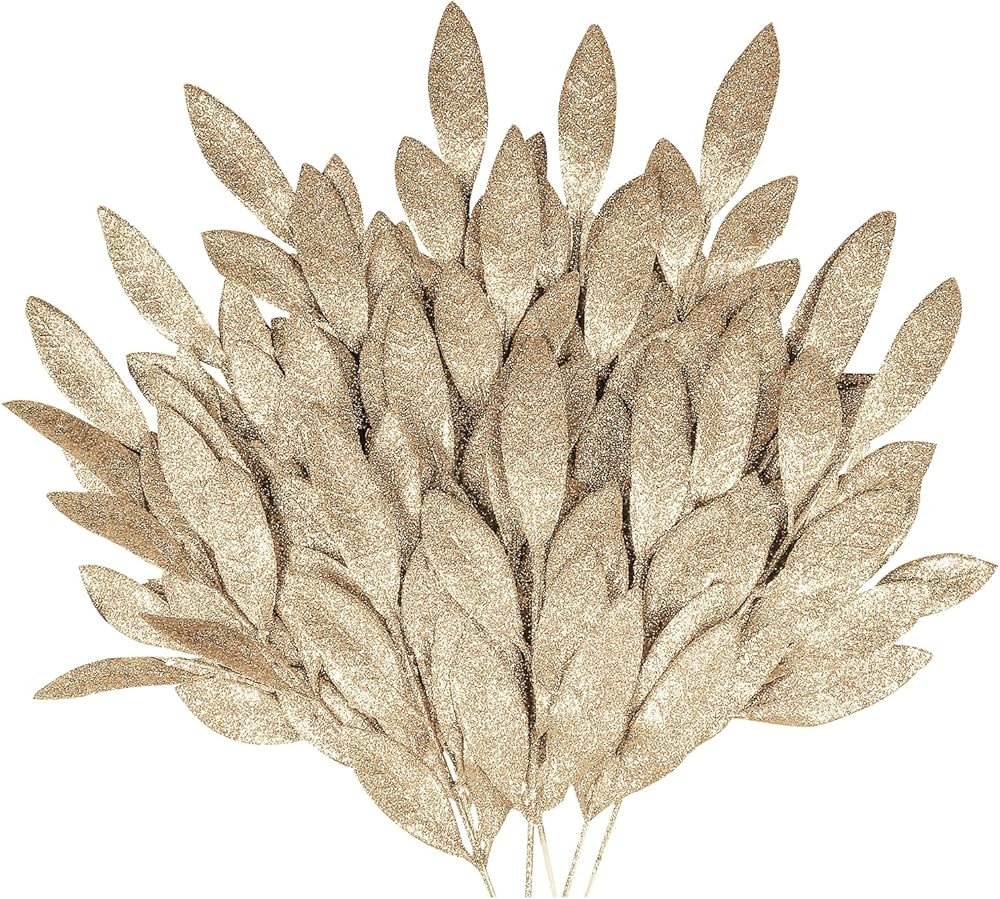 Sawowkuya 30 Pcs Champagne Christmas Tree Picks and Sprays Artificial Glitter Leaves, Christmas T... | Amazon (US)