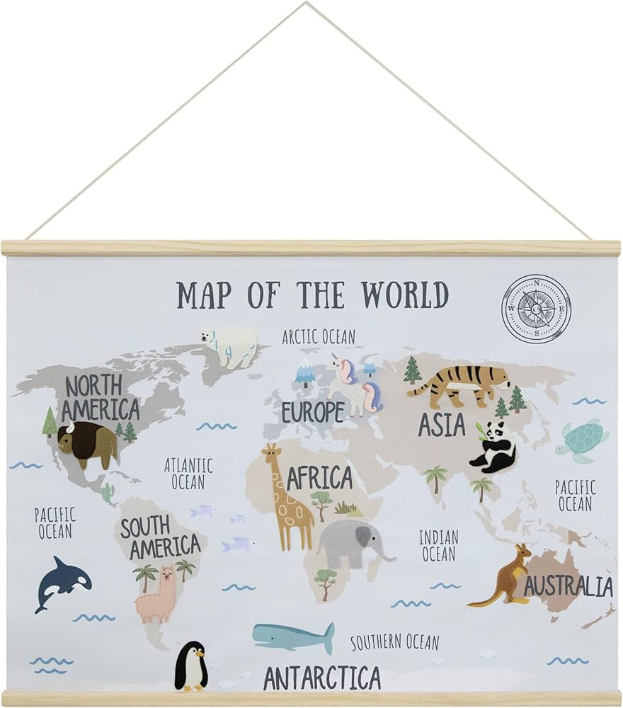 Bon et Beau 32 x 24 Inch Embroidered World Map Poster for Kids with Wood Hanger – Neutral Wall ... | Amazon (US)