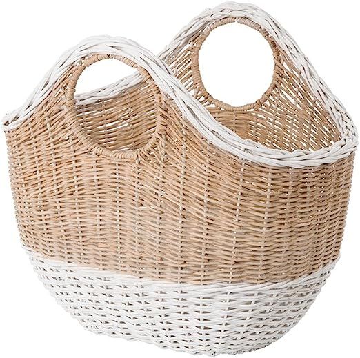 Kouboo Oval Tote Wicker, Natural and White Decorative Storage Basket, One Size, Multi Color | Amazon (US)
