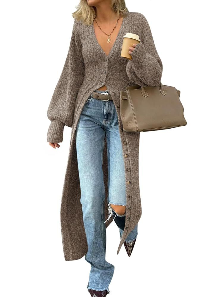 Saodimallsu Womens Long Cardigans V Neck Button Down Chunky Knit Dusters Sweater Coat Fall Trendy... | Amazon (US)