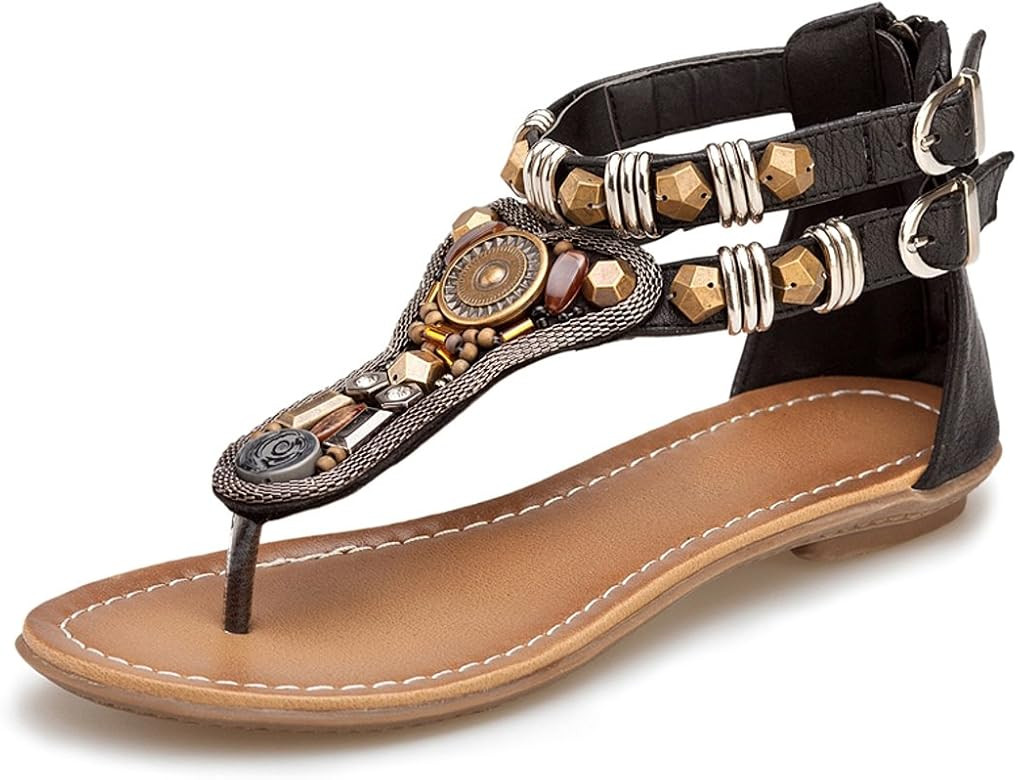 iCKER Women's Ankle Strappy Gladiator Sandals Beach Bohemia Thong Flat Sandal Shoes 0989 | Amazon (US)