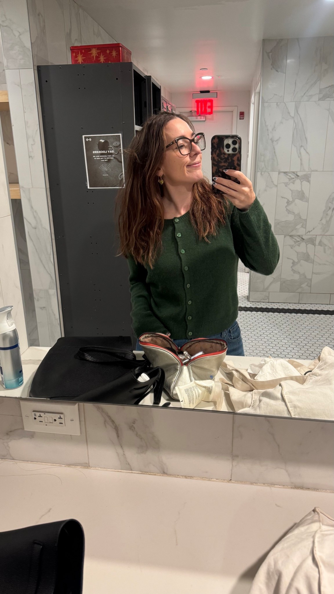 green cashmere cardigan  (wearing size large)