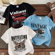 Vintage Car Print Baby Boy Casual Simple Retro Car Eagle Graphic Red Sports Car Loose Fit Short Sleeve Round Neck Top Suitable For Summer Cotton Blen | SHEIN