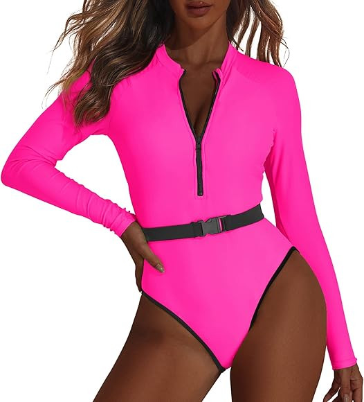 80s 90s Outfit for Women Neon High Cut One Piece Swimsuits Long Sleeve Bathing Suits Rash Guard T... | Amazon (US)
