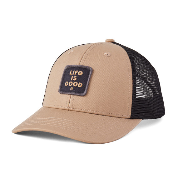 Life is Good Square LIG Patch Trucker Hat in Tan | Life is Good