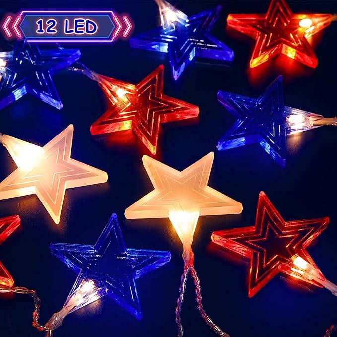 Fourth of July Red White Blue Independence Day Big Star String Lights Decor, 6.6 ft 12 LEDs USA A... | Amazon (US)