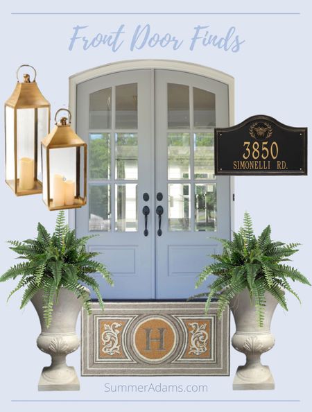 Fabulous front door finds! Picking these for our new build.

Blue double front door 
Frontgate 
Initial front door entry mat 
Outdoor French English urns
Gold lanterns 
Estate designer arch wall address plaque with bee

#LTKstyletip #LTKhome #LTKsalealert