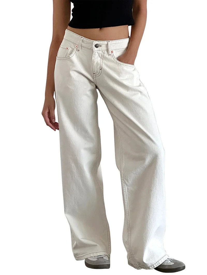Women Y2k Low Rise Baggy Jeans Loose Fit Boyfriend Straight Wide Leg Jeans Trendy Stretch Long De... | Walmart (US)