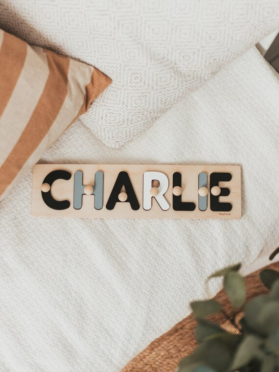 Personalized Name Puzzle With Pegs,  Grey and White, Montessori , Letter Puzzle, Monochrome Woode... | Etsy (US)