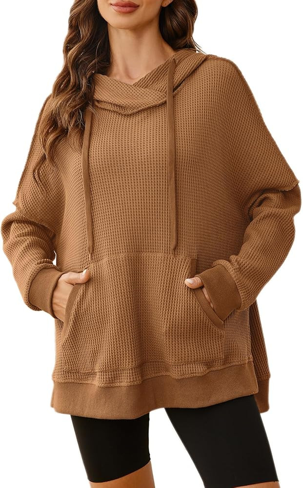 Glamaker Women's Waffle Knit Oversized Hoodies Pullover 2023 Fall Cute Trendy Hooded Sweatshirt D... | Amazon (US)