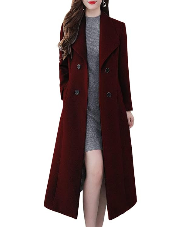 ebossy Women's Shawl Collar Double Breasted Below Knee Slim Wool Trench Long Coat | Amazon (US)