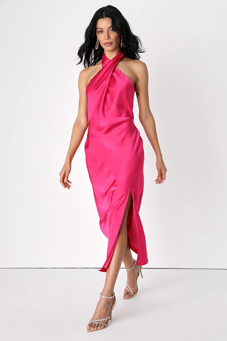 Beyond Classy Hot Pink Satin Halter Midi Dress | Lulus