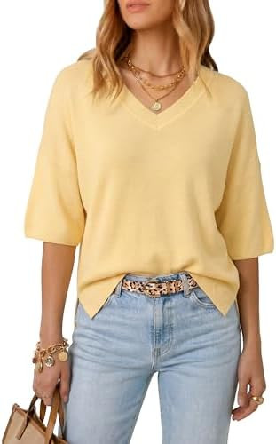 Arach&Cloz Women's Wool Blend Elbow Sleeve Summer Oversized Casual Sweater | Amazon (US)